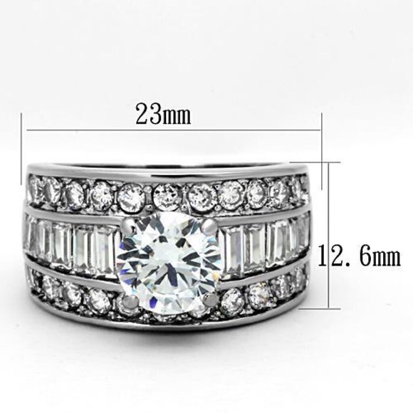 STAINLESS STEEL Round Brilliant Cut With Baguettes CZ Band Ring-Sizes 5-10 - Picture 12 of 14